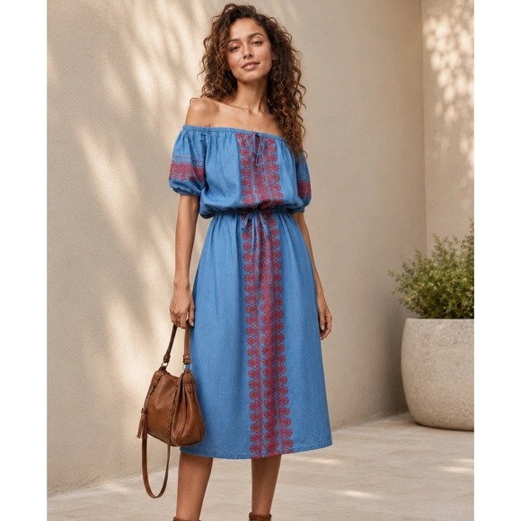 Madewell Dresses & Skirts - Madewell Mercado Blue Embroidered Cotton Midi Dress Off Shoulder Size S Boho
